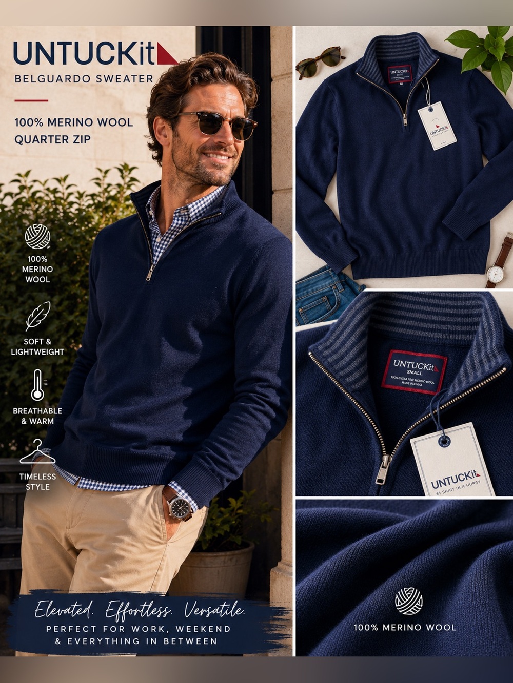 UNTUCKit 100% Merino Wool Quarter Zip Sweater Navy Blue Men’s Small NWT